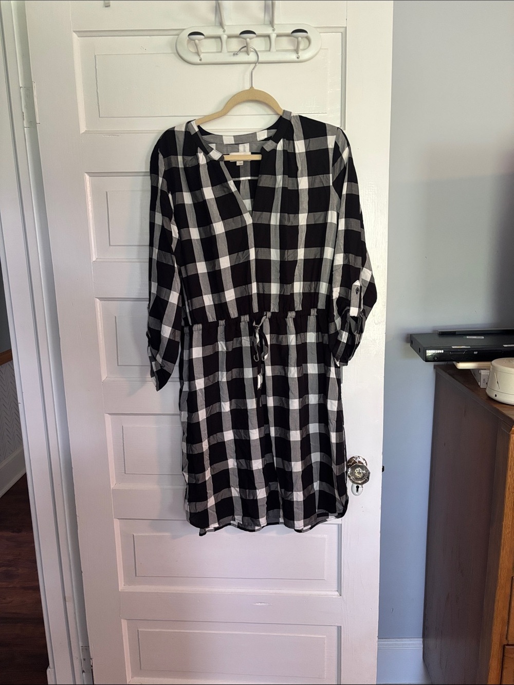 Black and White Plaid Drawstring Waist Women's Dress